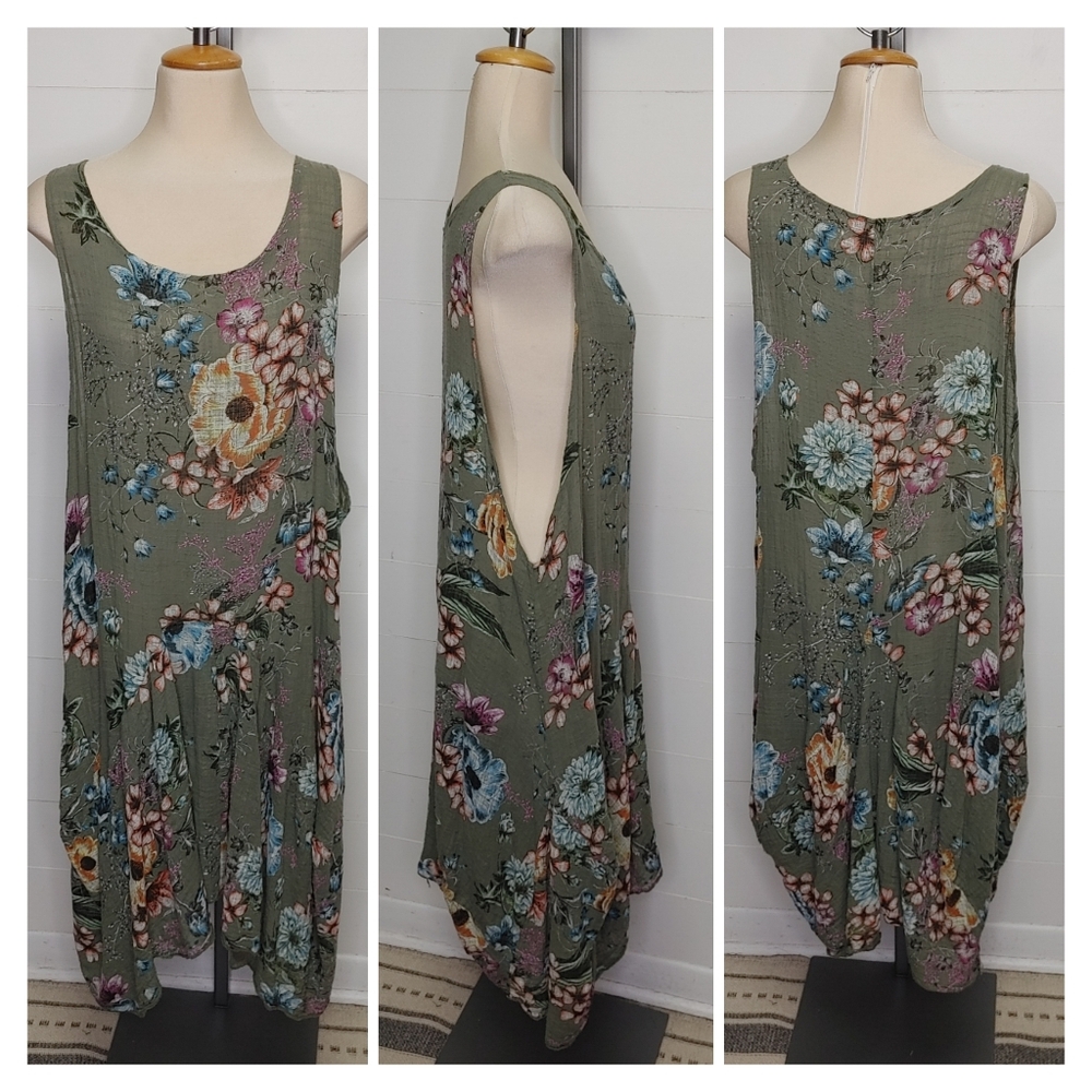 Sleeveless Olive Green Floral Midi Dress